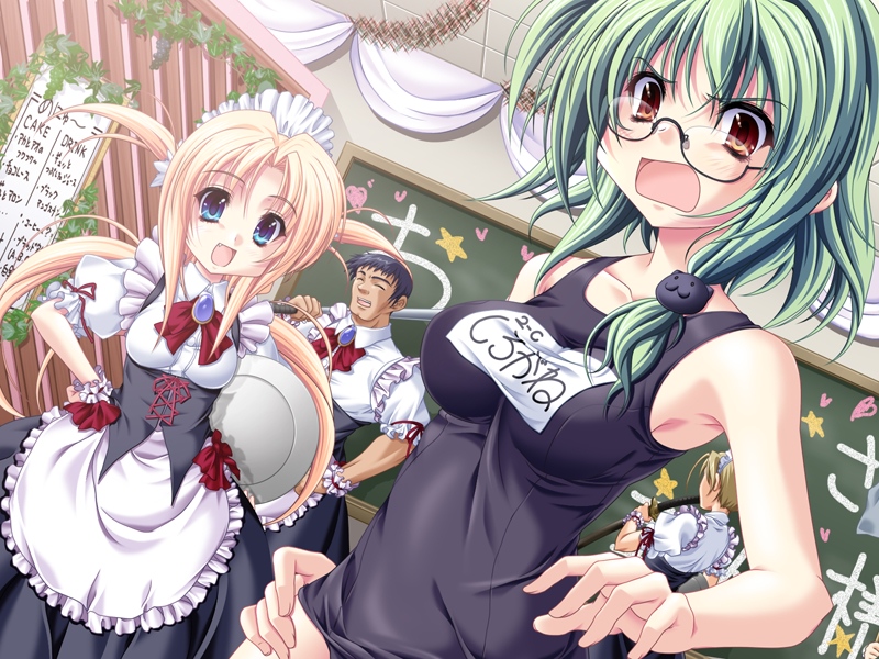 miyama-zero, kayou chisato, shirogane akane, kanojo tachi no ryuugi, non-web source, 2boys, 2girls, :3, angry, armpits, black one-piece swimsuit, blonde hair, blue eyes, blush, brown eyes, cat, chalkboard, classroom, crossdressing, fang, frills, glasses, green hair, hair ornament, hairband, hand on own hip, hip focus, long hair, maid, maid headdress, microphone, multiple boys, multiple girls, one-piece swimsuit, open mouth, quad tails, red eyes, school, school swimsuit, semi-rimless eyewear, short hair, swimsuit, tray, under-rim eyewear, waitress, wrist cuffs