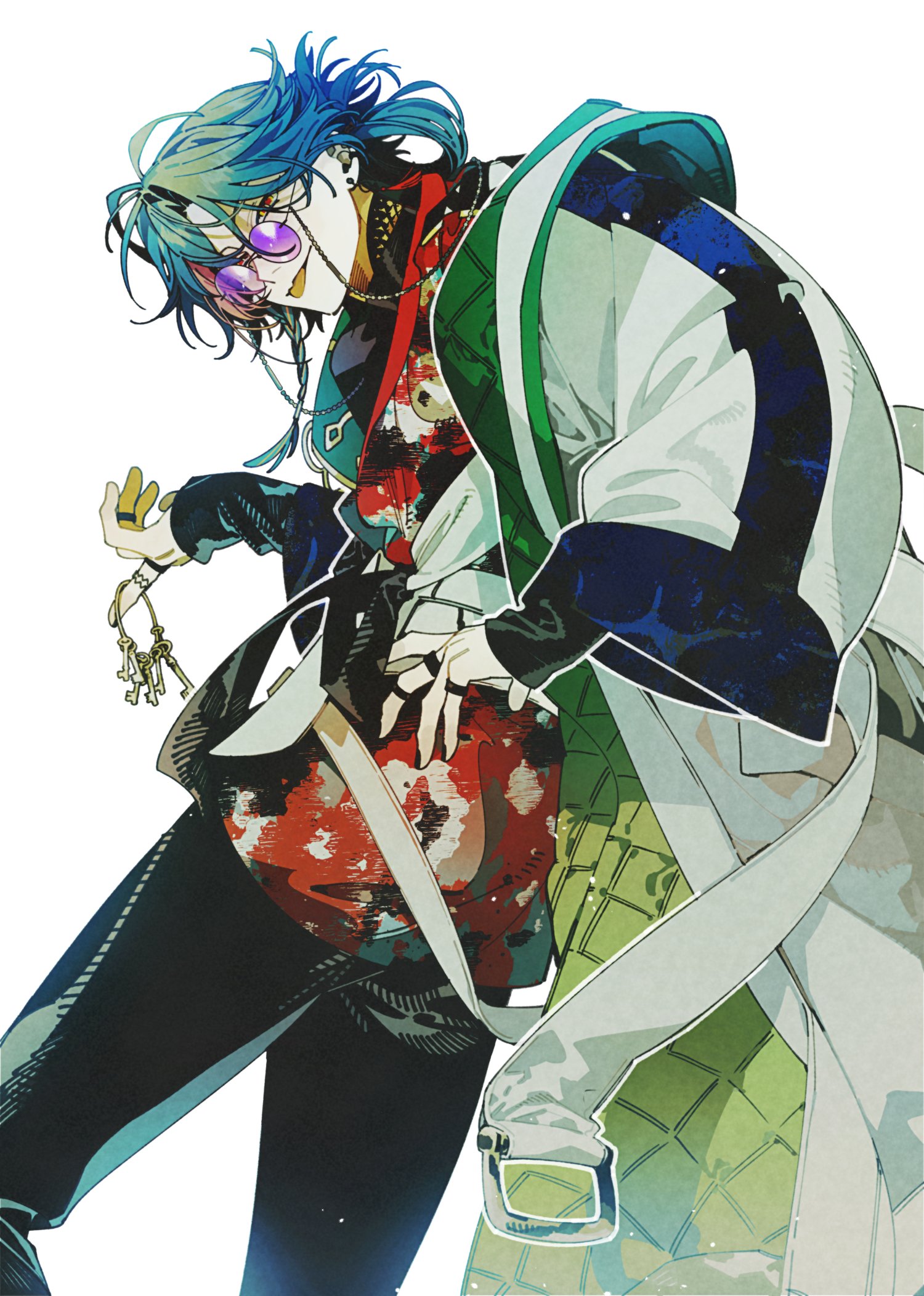 medama p5, kaisei (1st costume) (nijisanji), kaisei (nijisanji), nijisanji, hashtag-only commentary, highres, 1boy, black pants, blue hair, coat, earrings, hand on own hip, holding, holding key, jewelry, key, keyring, long hair, looking at viewer, male focus, multiple rings, nail polish, pants, red eyes, ring, round eyewear, shirt, simple background, smile, solo, sunglasses, tongue, tongue out, undershirt, virtual youtuber, white background, white coat