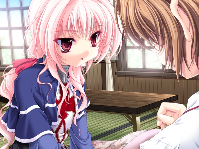 miyama-zero, akina suzutsuki, togetsu kotarou, kanojo tachi no ryuugi, game cg, non-web source, 1boy, 1girl, brown hair, capelet, hair ribbon, long hair, open mouth, pink hair, ponytail, red eyes, ribbon, short hair, table, tatami, turtleneck, window