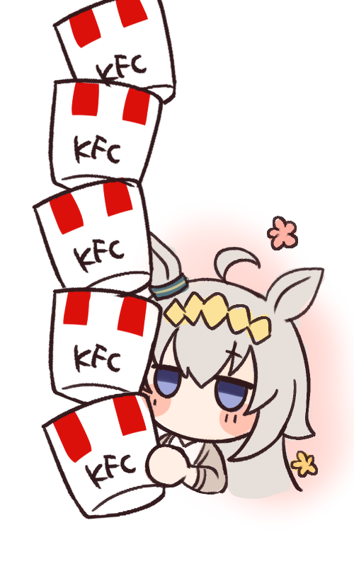 oguri cap (umamusume), kfc, umamusume, 1girl, ahoge, animal ears, blue eyes, ear ornament, glutton, grey hair, hair between eyes, hair ornament, hairband, holding, horse ears, horse girl, long hair, long sleeves, shinonome karen, shirt, solo