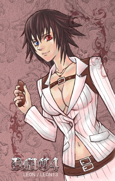 leon13, lady (devil may cry), capcom, devil may cry, devil may cry (series), devil may cry 4, 00s, 1girl, belt, black hair, breasts, buckle, cleavage, collarbone, female focus, heterochromia, large breasts, looking at viewer, midriff, navel, no bra, red eyes, short hair, smile, solo, stomach