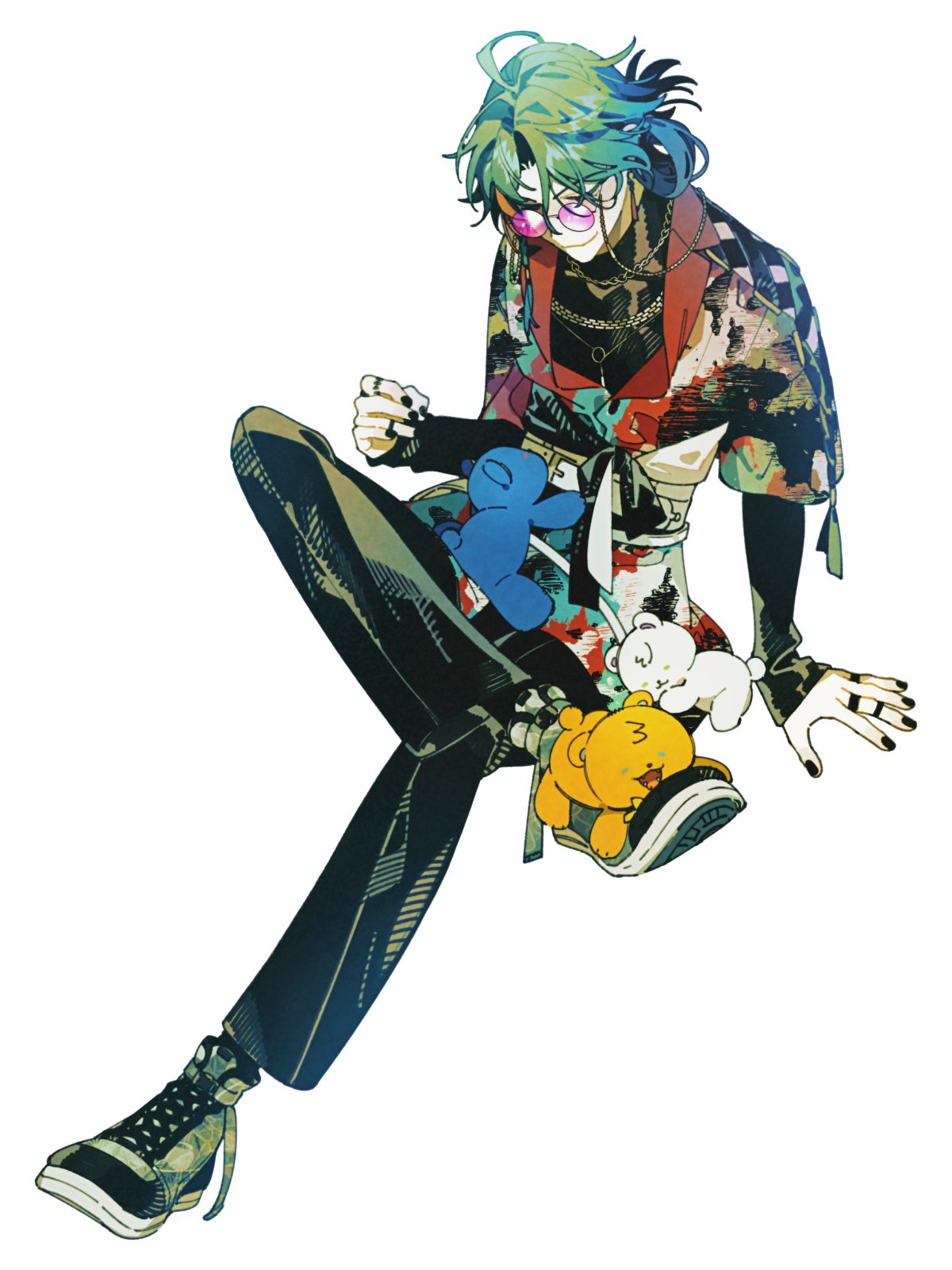 medama p5, kaisei (1st costume) (nijisanji), kaisei (nijisanji), nijisanji, hashtag-only commentary, highres, 1boy, belt, black pants, black shirt, closed eyes, closed mouth, figure four sitting, full body, hair bun, jewelry, layered sleeves, long sleeves, male focus, multiple rings, nail polish, pants, print shirt, ring, round eyewear, shirt, shoes, short over long sleeves, short sleeves, simple background, single hair bun, sitting, sleeves past fingers, sleeves past wrists, smile, sneakers, solo, sunglasses, undershirt, virtual youtuber, white background, white belt