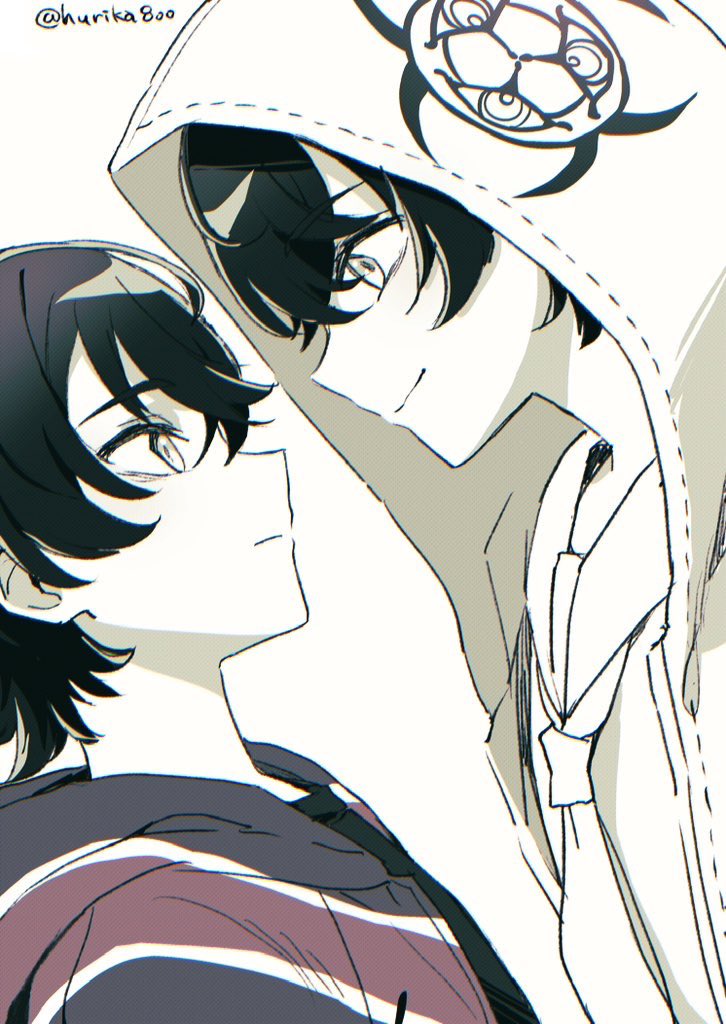 2girls, biohazard symbol, black hair, black shirt, coat, dual persona, eye contact, face-to-face, hair between eyes, hood, hood up, hurika800, jacket, looking at another, multiple girls, neckerchief, open clothes, open jacket, rei shimobe, reverse trap, shirt, short hair, shuten order, simple background, smile, twitter username, white background, white coat, white neckerchief, white shirt