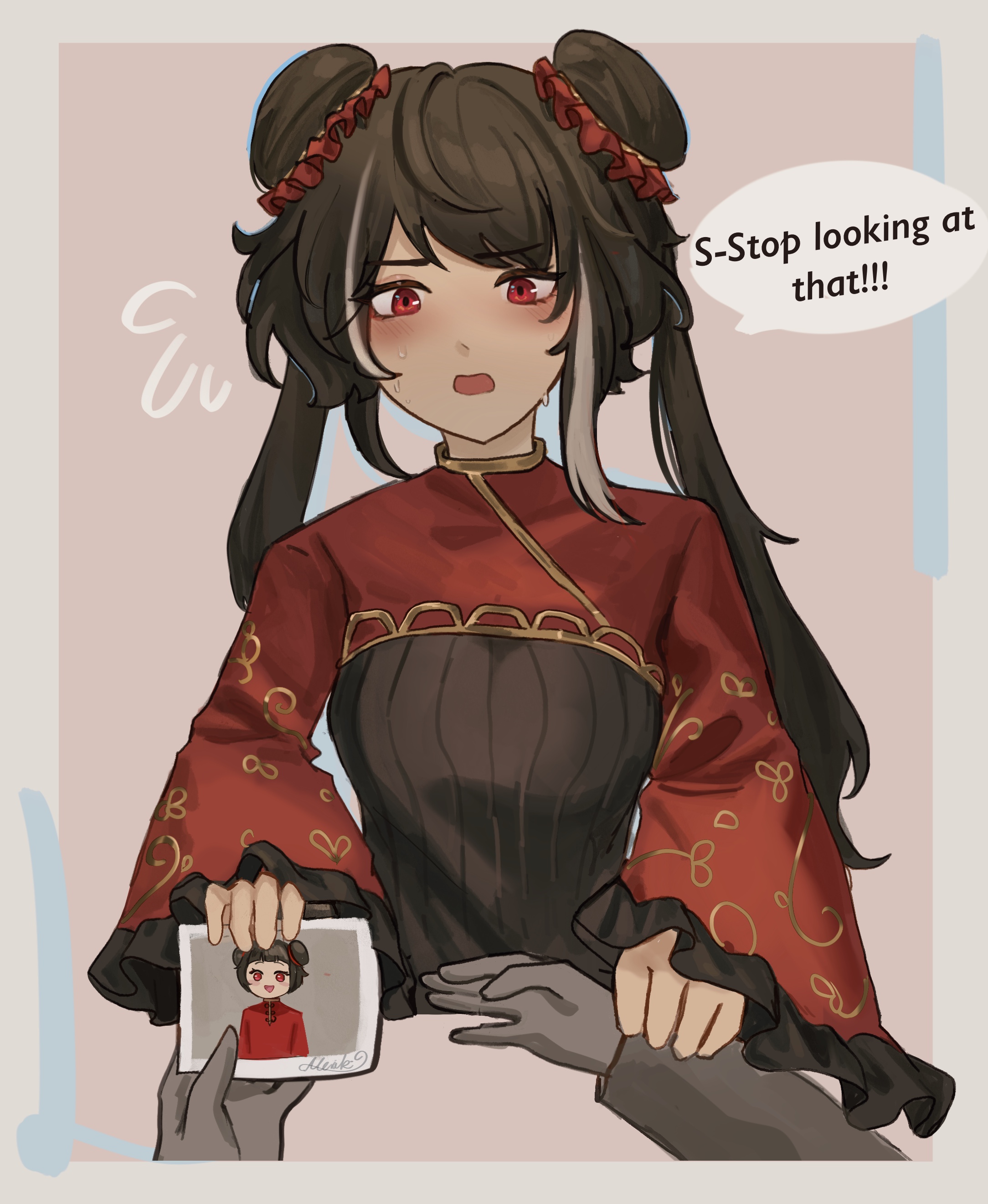 ishid0ru, jia xichun (project moon), limbus company, project moon, absurdres, highres, photo (medium), 1girl, black dress, black hair, border, chinese clothes, double bun, dress, embarrassed, grey background, hair bun, long hair, long sleeves, looking at viewer, multicolored hair, open mouth, pink eyes, red shrug, shrug (clothing), simple background, solo, streaked hair, sweatdrop, twintails, upper body, white border, white streaks