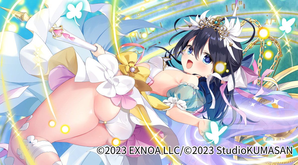 emia (castilla), twinkle star knights, official art, 1girl, ass, black hair, blue eyes, chain, detached sleeves, looking back, open mouth, sachi (twinkle star knights)