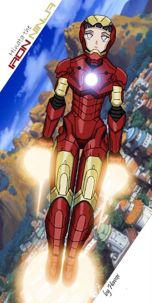 hyuuga hinata, iron man, marvel, naruto (classic), naruto (series), 1girl, armor, cosplay, crossover, flying, havox, white eyes