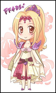 souchi, rosa farrell, final fantasy, final fantasy iv, lowres, 1990s (style), 1girl, blonde hair, blue eyes, cape, chibi, female focus, full body, hair ornament, leotard, long hair, ponytail, retro artstyle, shoulder pads, solo, tiara, yellow eyes