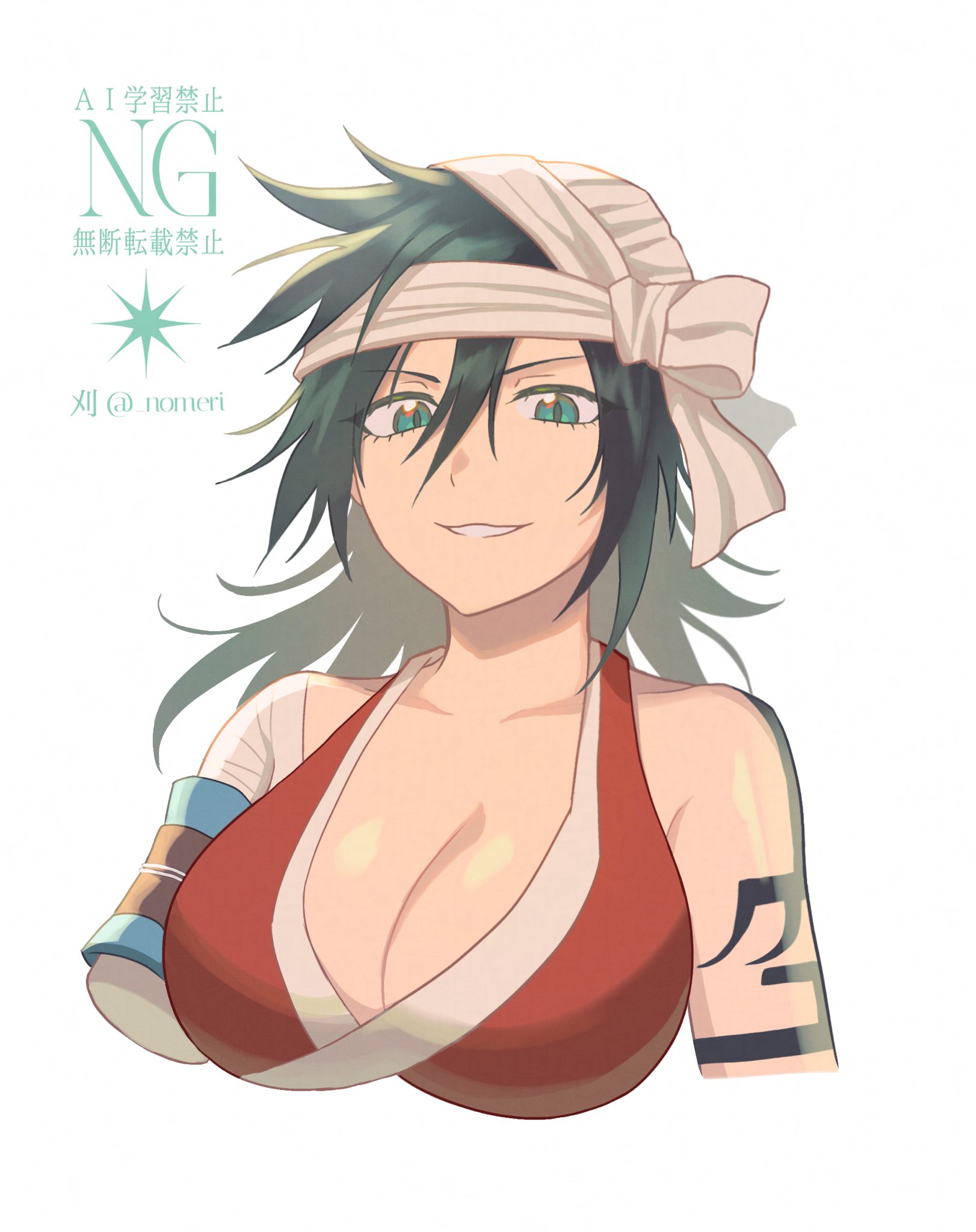shiba kuukaku, bleach, 1girl, black hair, blue eyes, breasts, cleavage, large breasts, long hair, smile, solo