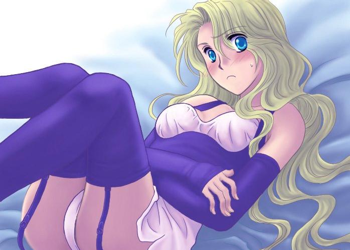 soranokaze15, rosa farrell, final fantasy, final fantasy iv, 1990s (style), 1girl, blonde hair, blue eyes, breasts, female focus, garter belt, panties, solo, thighhighs, underwear, white panties