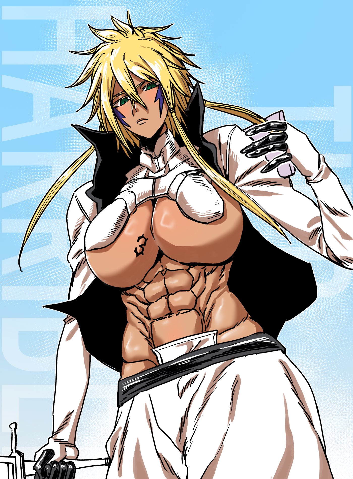uki bill4744, tier harribel, bleach, abs, blonde hair, border, breast tattoo, breasts, character name, colored eyelashes, cropped jacket, dark-skinned female, dark skin, espada, facial mark, green eyes, holding, holding sword, holding weapon, large breasts, medium hair, number tattoo, simple background, solo, solo focus, standing, sword, tattoo, thighs, underboob, unzipped, weapon, white border