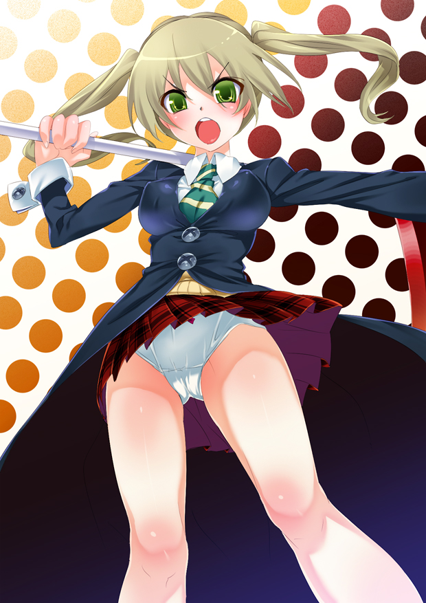 hisasi, maka albarn, gangan comics, soul eater, 00s, 1girl, blonde hair, cuffs, female focus, green eyes, long hair, necktie, panties, plaid clothes, plaid skirt, scythe, skirt, sleeve cuffs, solo, twintails, underwear