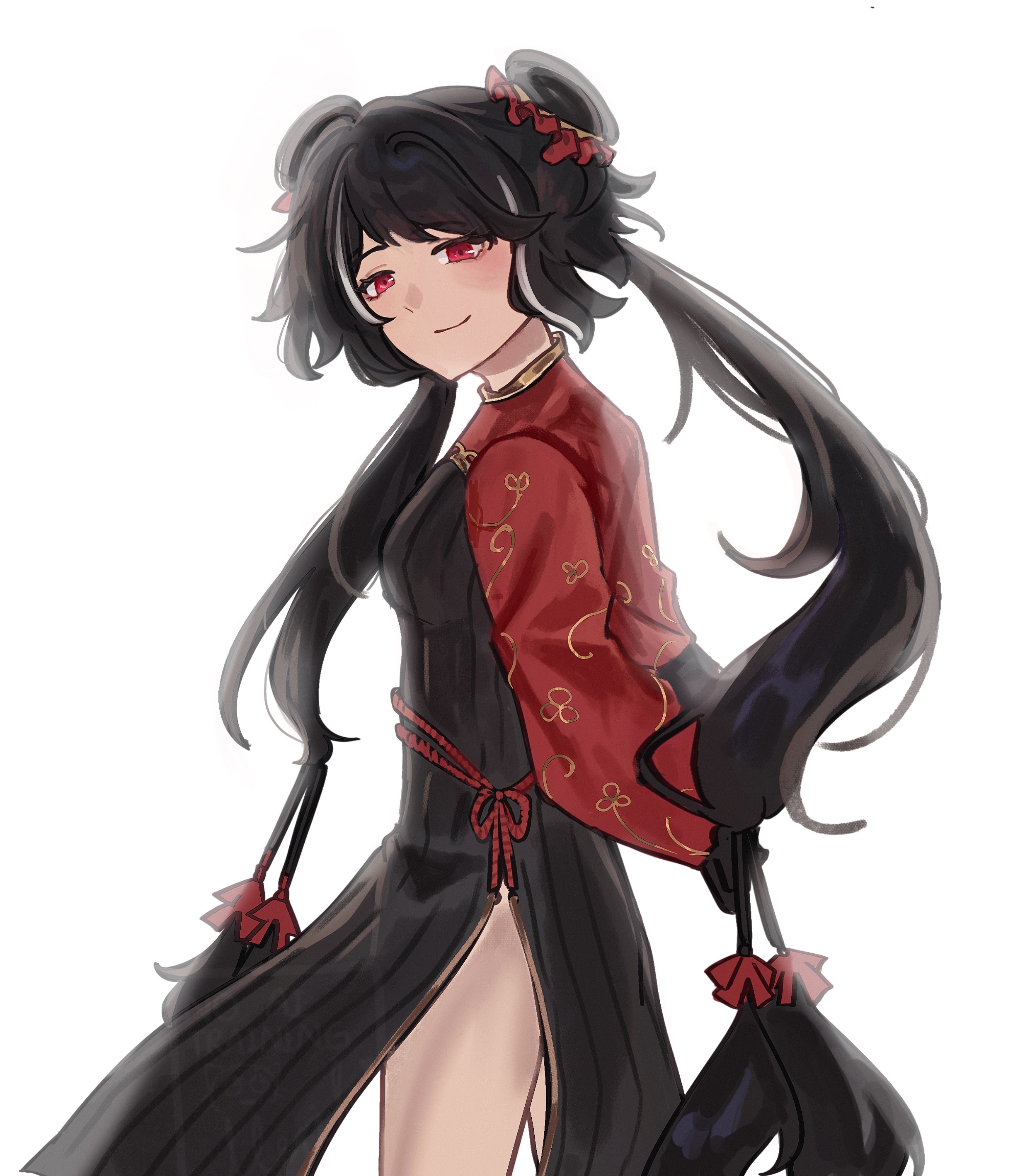 ishid0ru, jia xichun (project moon), limbus company, project moon, absurdres, highres, 1girl, black dress, black hair, chinese clothes, double bun, dress, hair bun, long hair, long sleeves, looking at viewer, multicolored hair, pink eyes, red shrug, rope belt, shrug (clothing), simple background, solo, standing, streaked hair, thighs, twintails, upper body, white background, white streaks