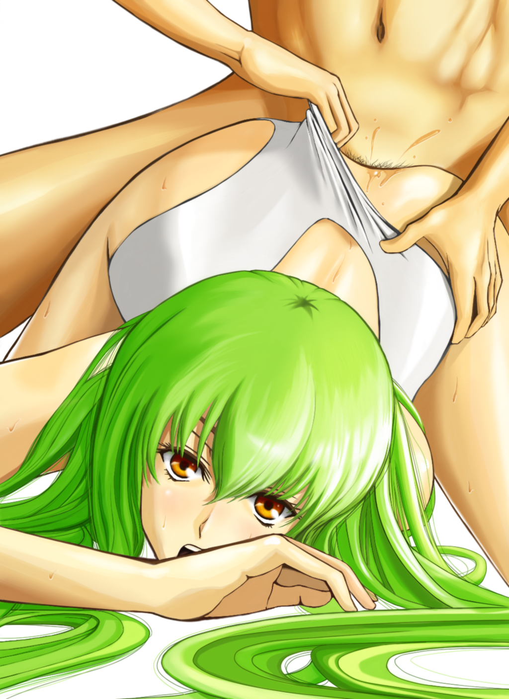 hyper heiki, taono kinoko, c.c., code geass, highres, 00s, 1girl, blush, clothed female nude male, clothed sex, clothing aside, doggystyle, from behind, green hair, leotard, leotard aside, long hair, nude, open mouth, pubic hair, rape, screaming, sex, sex from behind, solo focus, top-down bottom-up, vaginal, yellow eyes