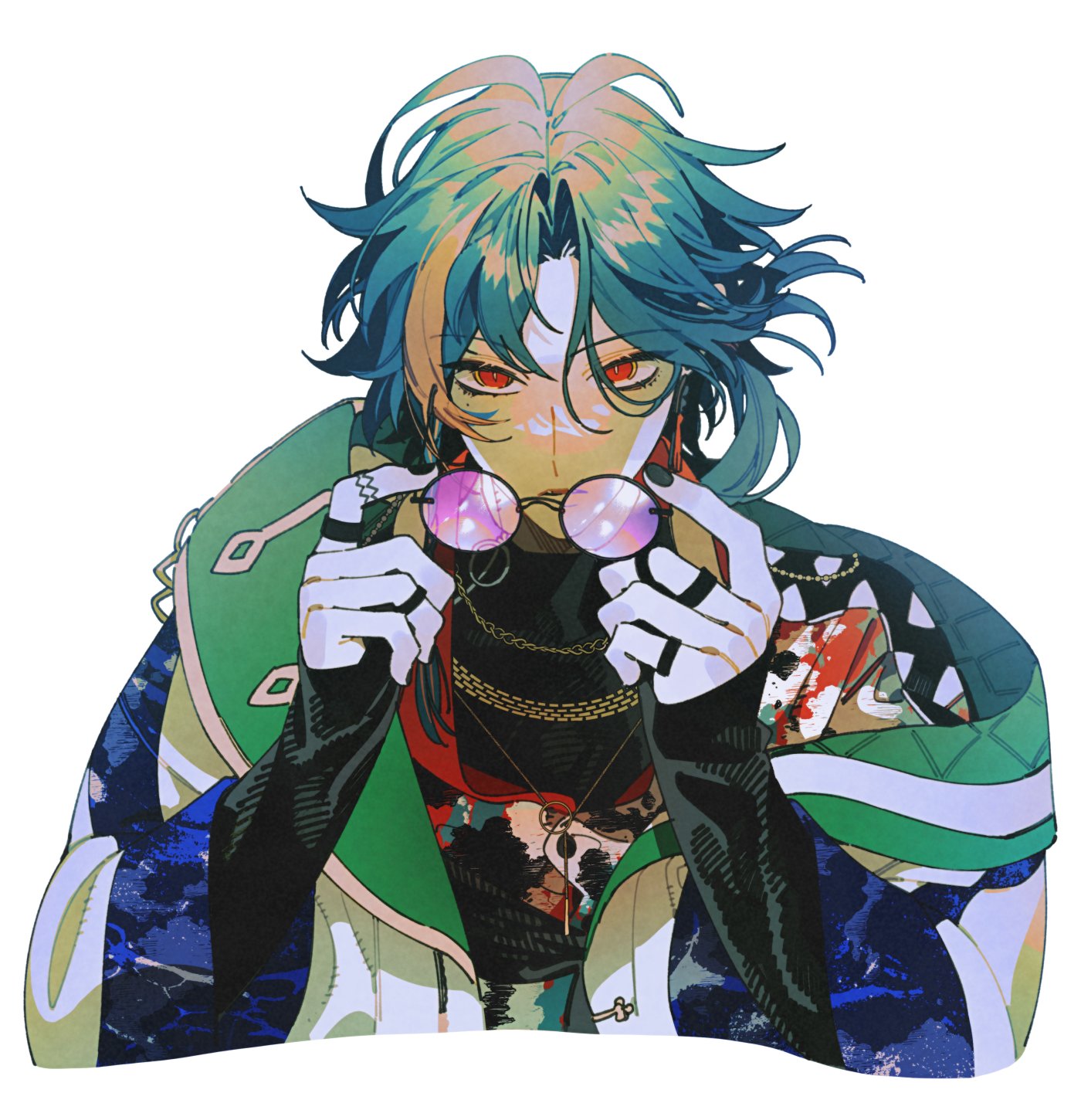 medama p5, kaisei (1st costume) (nijisanji), kaisei (nijisanji), nijisanji, highres, 1boy, black shirt, coat, holding, holding removed eyewear, jewelry, looking at viewer, male focus, multiple necklaces, multiple rings, nail polish, red eyes, ring, round eyewear, shirt, sleeves past wrists, solo, sunglasses, unworn eyewear, upper body, virtual youtuber, white coat