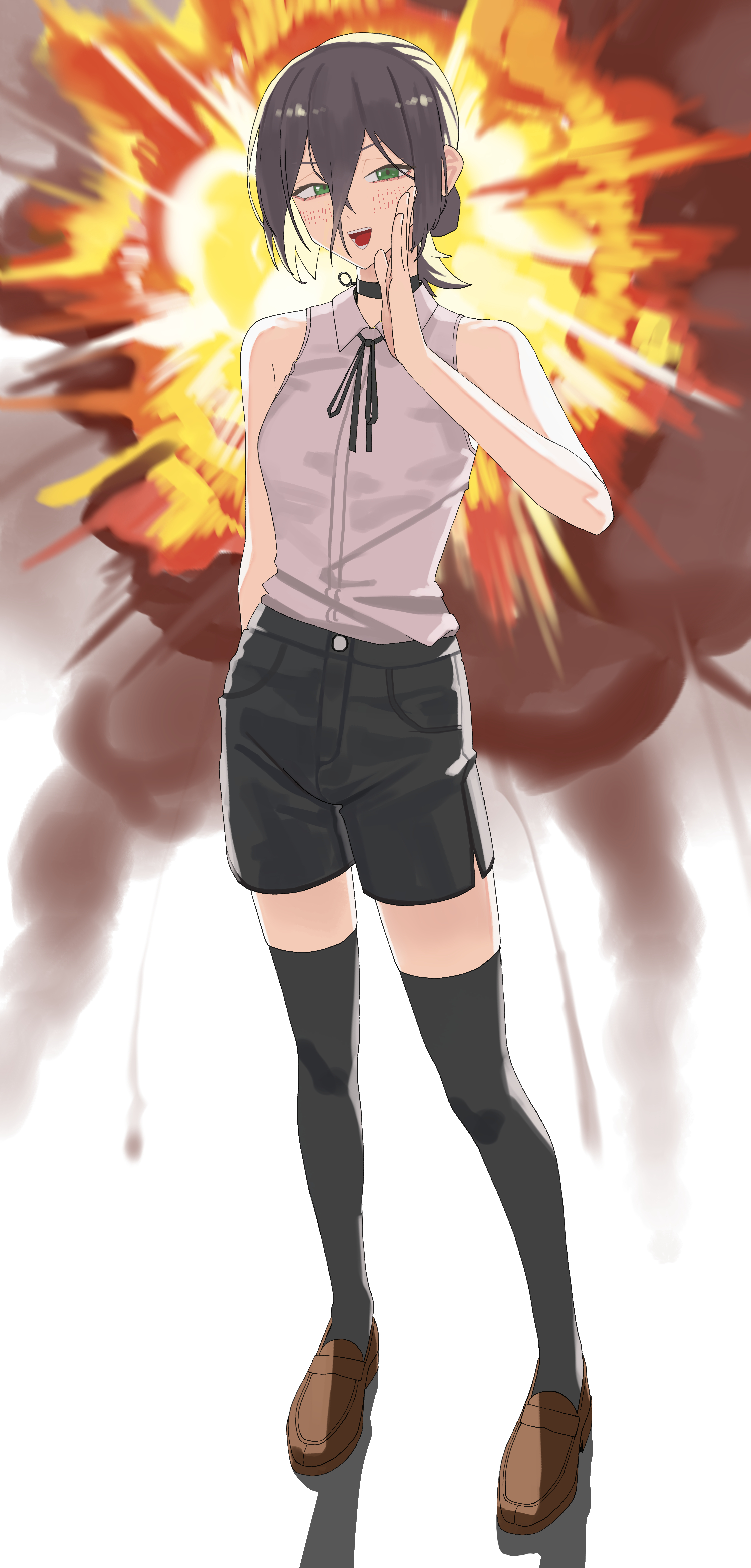 reze (chainsaw man), chainsaw man, absurdres, highres, 1girl, black hair, black ribbon, black shorts, black thighhighs, brown shoes, explosion, full body, green eyes, grenade pin, grey shirt, hair between eyes, hair bun, hand up, jung (jung925), loafers, looking at viewer, neck ribbon, open mouth, ribbon, shirt, shoes, shorts, sleeveless, sleeveless shirt, solo, standing, thighhighs