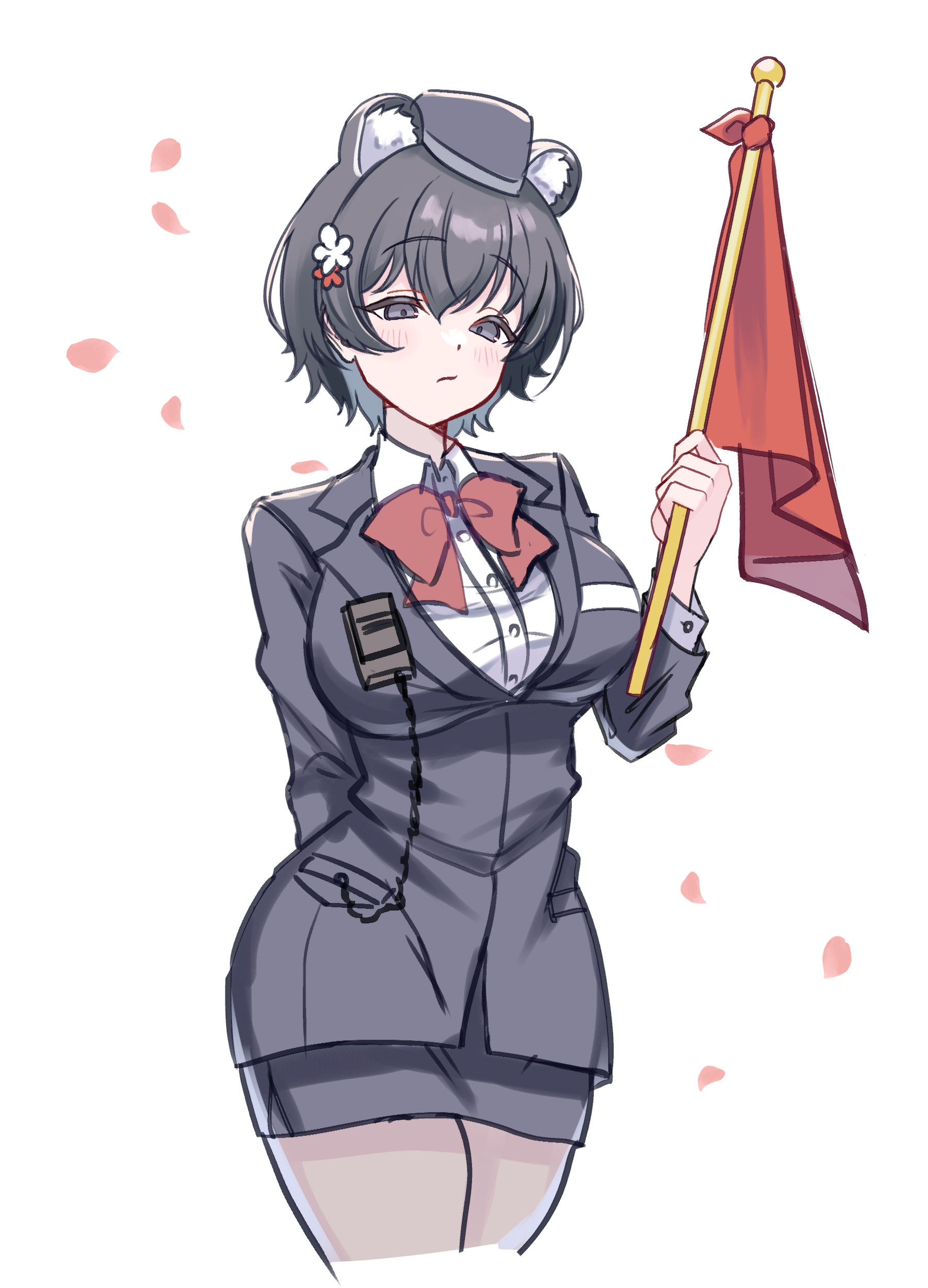 tsubaki (blue archive), tsubaki (guide) (blue archive), blue archive, absurdres, highres, 1girl, animal ears, black hat, bow, bowtie, breasts, extra ears, flag, garrison cap, hat, holding, holding flag, large breasts, official alternate costume, pencil skirt, raccoon ears, raccoon girl, red bow, red bowtie, red flag, shinonome karen, skirt, tour guide