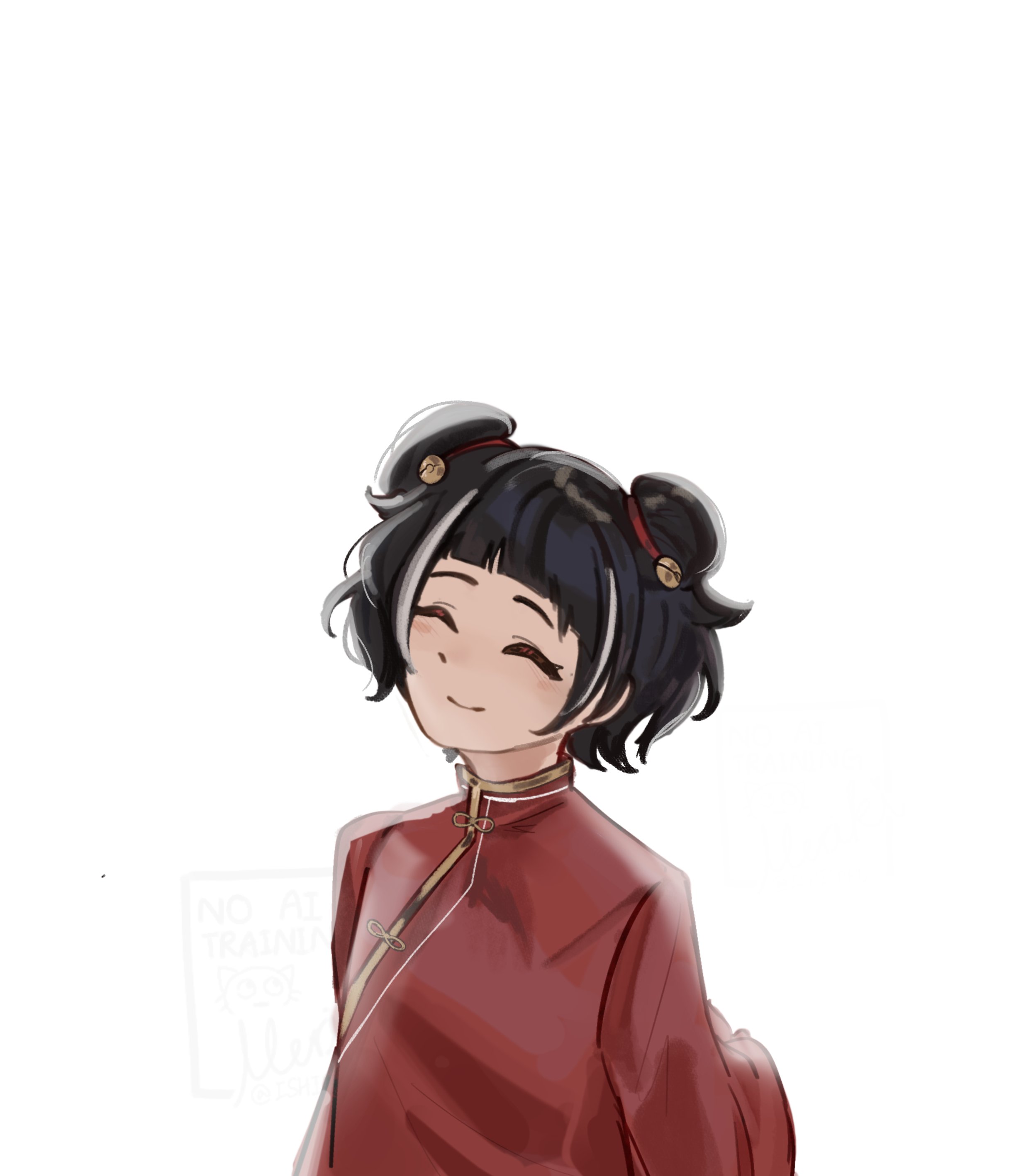 ishid0ru, jia xichun (project moon), limbus company, project moon, absurdres, highres, 1girl, aged down, bell, black hair, chinese clothes, closed eyes, double bun, dress, hair bell, hair bun, hair ornament, looking at viewer, multicolored hair, red dress, simple background, solo, standing, streaked hair, upper body, white background, white streaks
