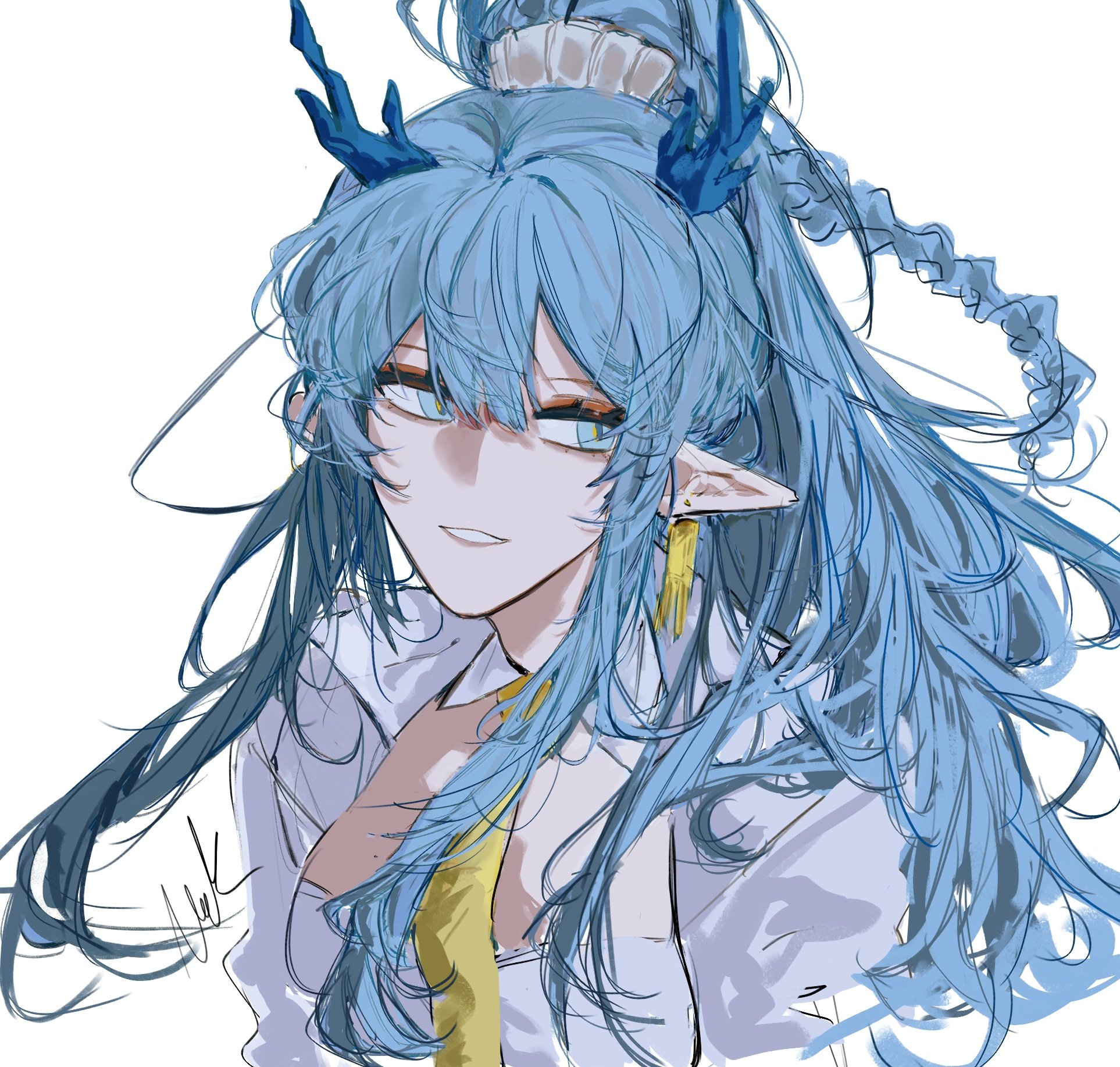 retortbox, ling (arknights), arknights, hashtag-only commentary, highres, 1girl, blue eyes, blue hair, blue horns, brown eyeliner, cropped shoulders, dragon girl, dragon horns, earrings, eyeliner, grey shirt, hair between eyes, horns, jewelry, light smile, long hair, looking back, makeup, pointy ears, shirt, simple background, sketch, solo, white background