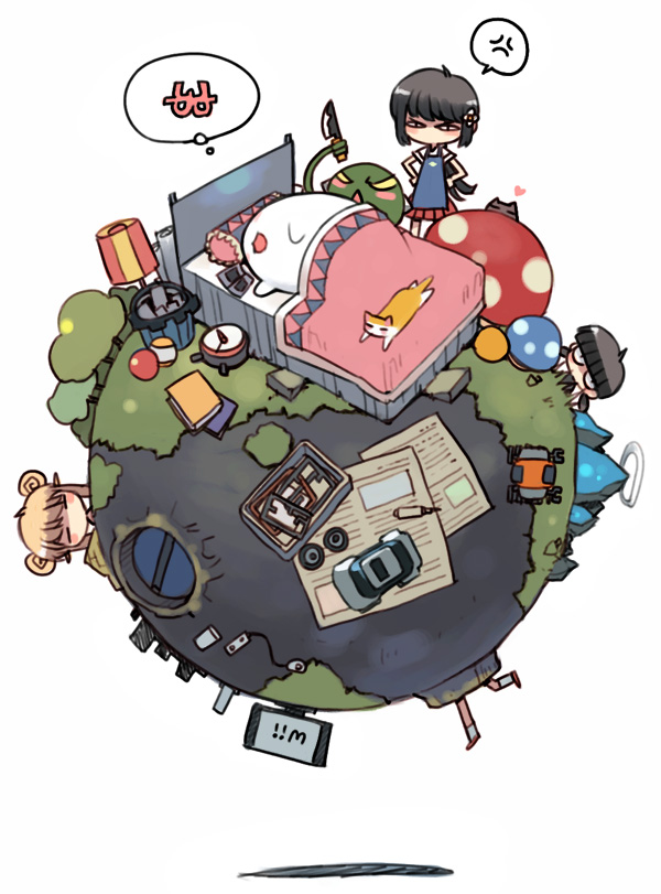 nakopapa, bed, cat, chibi, earth (planet), globe