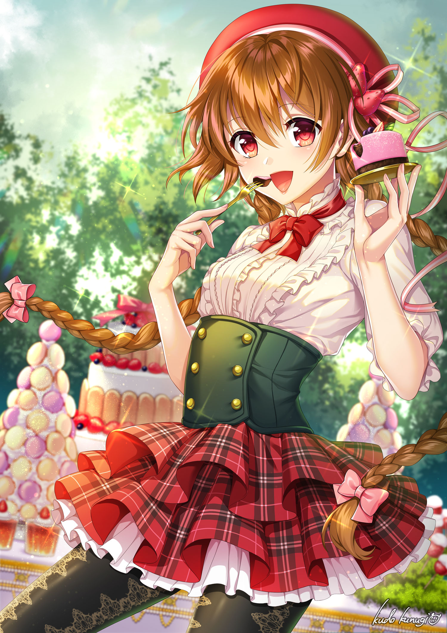 kudo kunugi, original, commentary, english commentary, highres, 1girl, :d, artist name, beret, black corset, black pantyhose, blurry, blurry background, bow, braid, breasts, buttons, cake, corset, cupcake, day, double-breasted, food, fork, gold fork, hair between eyes, hair bow, hat, hat ribbon, holding, holding fork, layer cake, long hair, looking at viewer, macaron, medium breasts, miniskirt, open mouth, outdoors, pantyhose, pink bow, pink ribbon, plaid clothes, plaid skirt, red eyes, red hat, red ribbon, red skirt, ribbon, shirt, skirt, smile, solo, sparkle, standing, strawberry hat ornament, sun, sweets, table, three-quarter sleeves, tree, twin braids, twintails, underbust, very long hair, white shirt
