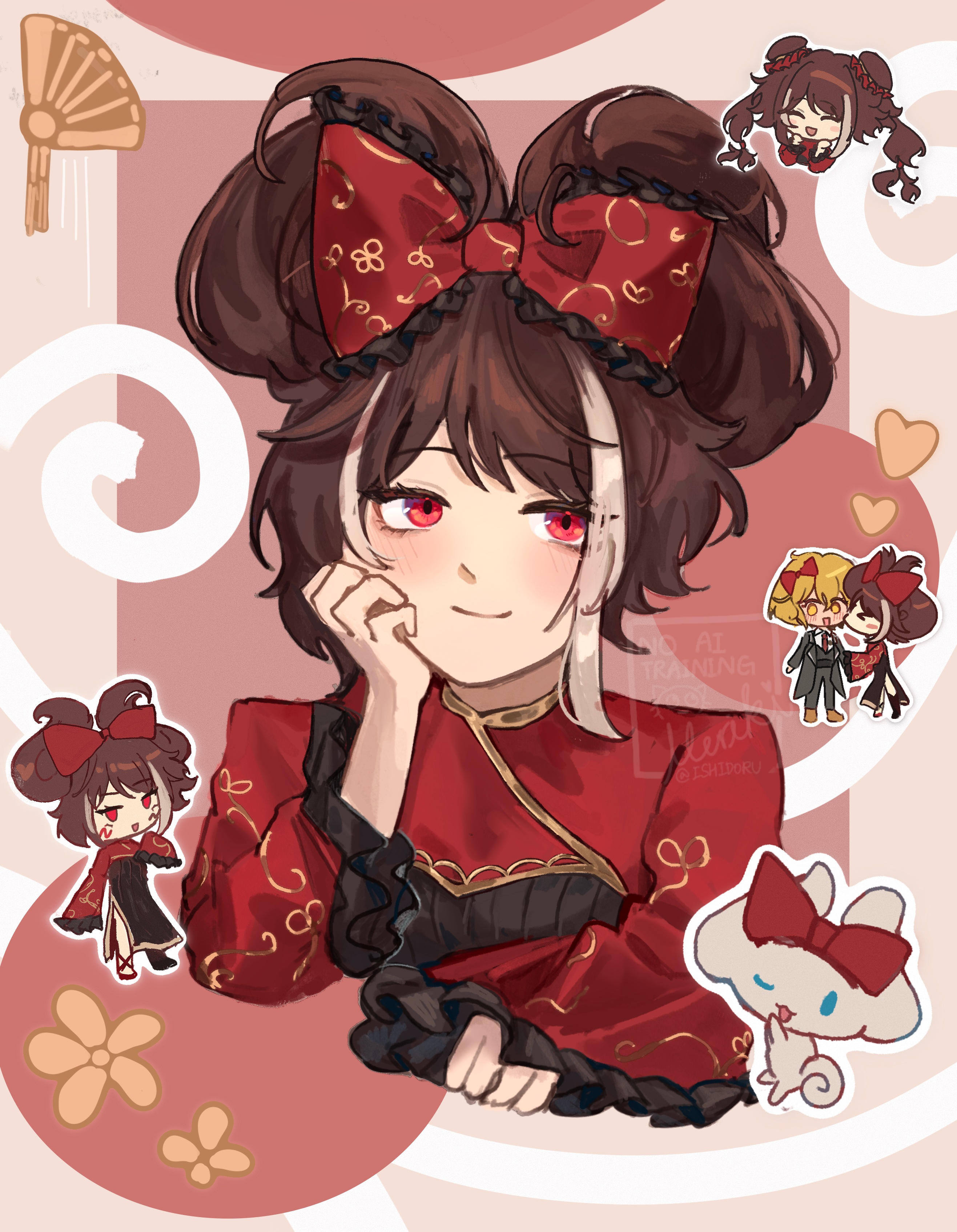 ishid0ru, cinnamoroll, don quixote (project moon), jia xichun (project moon), fuwa fuwa cinnamoroll, limbus company, project moon, sanrio, absurdres, highres, 1girl, black hair, border, bow, chibi, chibi inset, chinese clothes, folded twintails, looking at viewer, multicolored hair, pink background, pink eyes, red bow, red shrug, shrug (clothing), simple background, solo focus, streaked hair, tied ears, updo, upper body, white streaks, yellow border