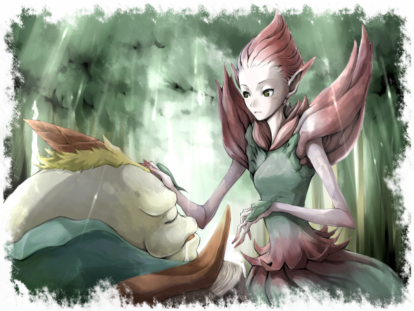 taka yanagi, takayanagi (artist), peco (bof), peco (breath of fire), spar, breath of fire, breath of fire ii, breath of fire iii, bad id, bad pixiv id, 1girl, androgynous, forest, green eyes, leaf, monster, monster girl, nature, plant, plant girl, pointy ears, skinny, tree