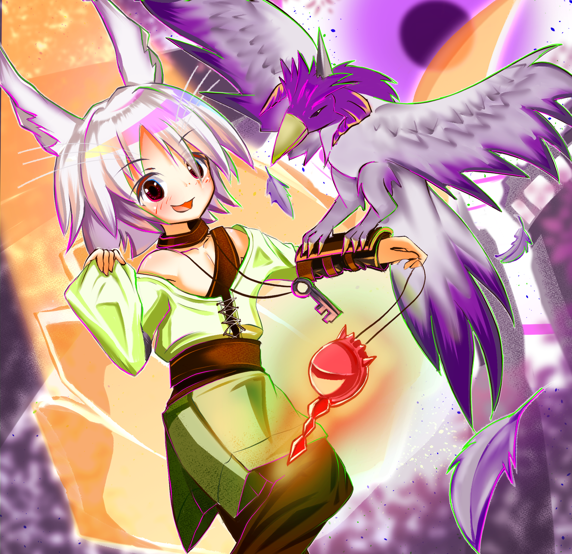 yu-gi-oh!, highres, 1girl, animal ears, asuhanokami2018, baggy clothes, bare shoulders, belt, bird, blurry, blurry background, bra, brown belt, brown bra, brown choker, brown eyes, brown pants, choker, dappled sunlight, droll&lock bird, duel monster, eclipse, facing another, facing to the side, falconry, falconry glove, feathers, glowing, green shirt, holding, holding jewelry, holding key, holding necklace, jewelry, key, key necklace, lace, lace-trimmed shirt, lace trim, light blush, long sleeves, looking at viewer, moon, necklace, off-shoulder shirt, off shoulder, orange sky, outdoors, pants, rabbit ears, shirt, sky, sleeves past wrists, smile, solar eclipse, spread wings, sunlight, underwear, white hair