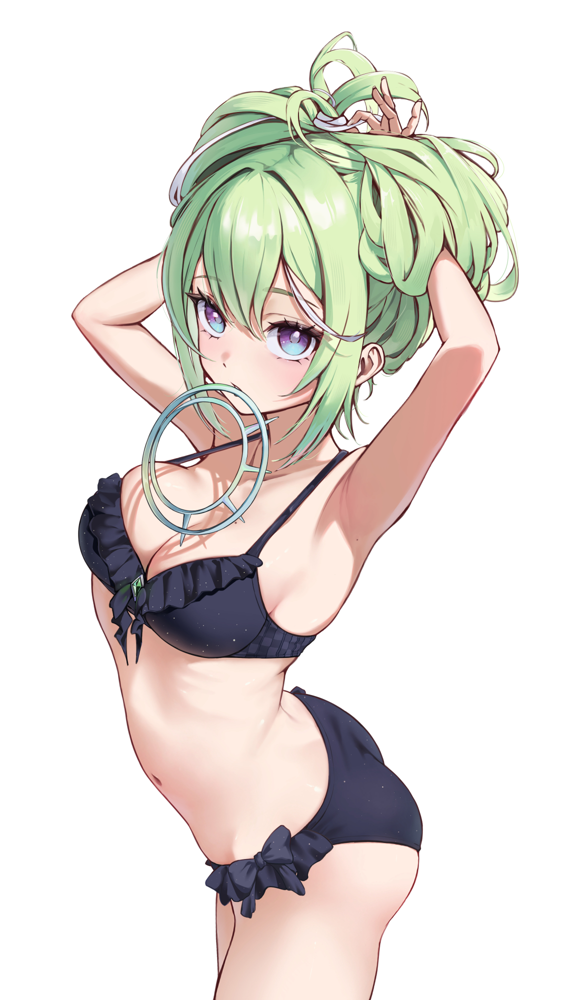 kitsune hero, yuzuha riko, stellive, commentary request, highres, korean commentary, variant set, 1girl, arched back, armpits, ass, bikini, black bikini, black bow, bow, bow bikini, breasts, character name, cleavage, cowboy shot, double-parted bangs, frilled bikini, frills, from side, green hair, grey eyes, hair between eyes, hair ornament, hands up, large breasts, long bangs, long hair, looking at viewer, looking to the side, navel, simple background, solo, stomach, swimsuit, tying hair, unworn hair ornament, virtual youtuber, white background