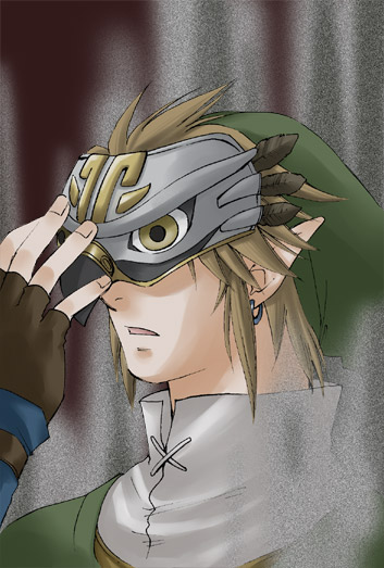 link, nintendo, the legend of zelda, the legend of zelda: twilight princess, 1boy, brown hair, earrings, gloves, jewelry, male focus, mask, pointy ears, solo