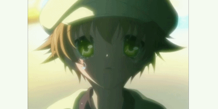 shima katsuki, clannad, screencap, animated, animated gif, lowres, 00s, 1boy, green eyes, hat, male focus, newsboy cap, pillarboxed, sad, solo, tears
