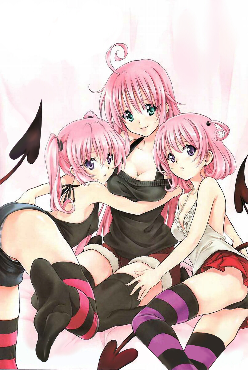 yabuki kentarou, lala satalin deviluke, momo velia deviluke, nana asta deviluke, to love-ru, highres, third-party edit, 00s, 3girls, feet, green eyes, long hair, multiple girls, panties, pink hair, purple eyes, short hair, siblings, sisters, socks, soles, thighhighs, twins, twintails, underwear