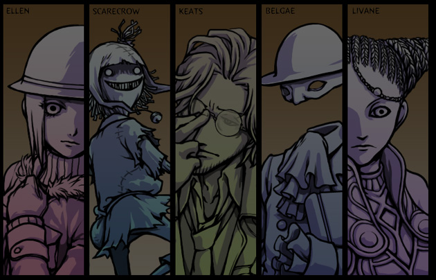 asato (artist), belgae, ellen (folkssoul), keats, livane, scarecrow (folkssoul), folkssoul, 1boy, 2girls, blonde hair, brown hair, closed eyes, dark, double bun, from behind, glasses, helmet, looking at viewer, looking back, multiple girls, rimless eyewear, scarecrow, short hair, sidelocks