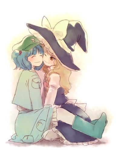 mow (momom), kawashiro nitori, kirisame marisa, touhou, lowres, 2girls, ^ ^, blonde hair, boots, cheek-to-cheek, closed eyes, female focus, heads together, multiple girls, rubber boots, two side up, yuri
