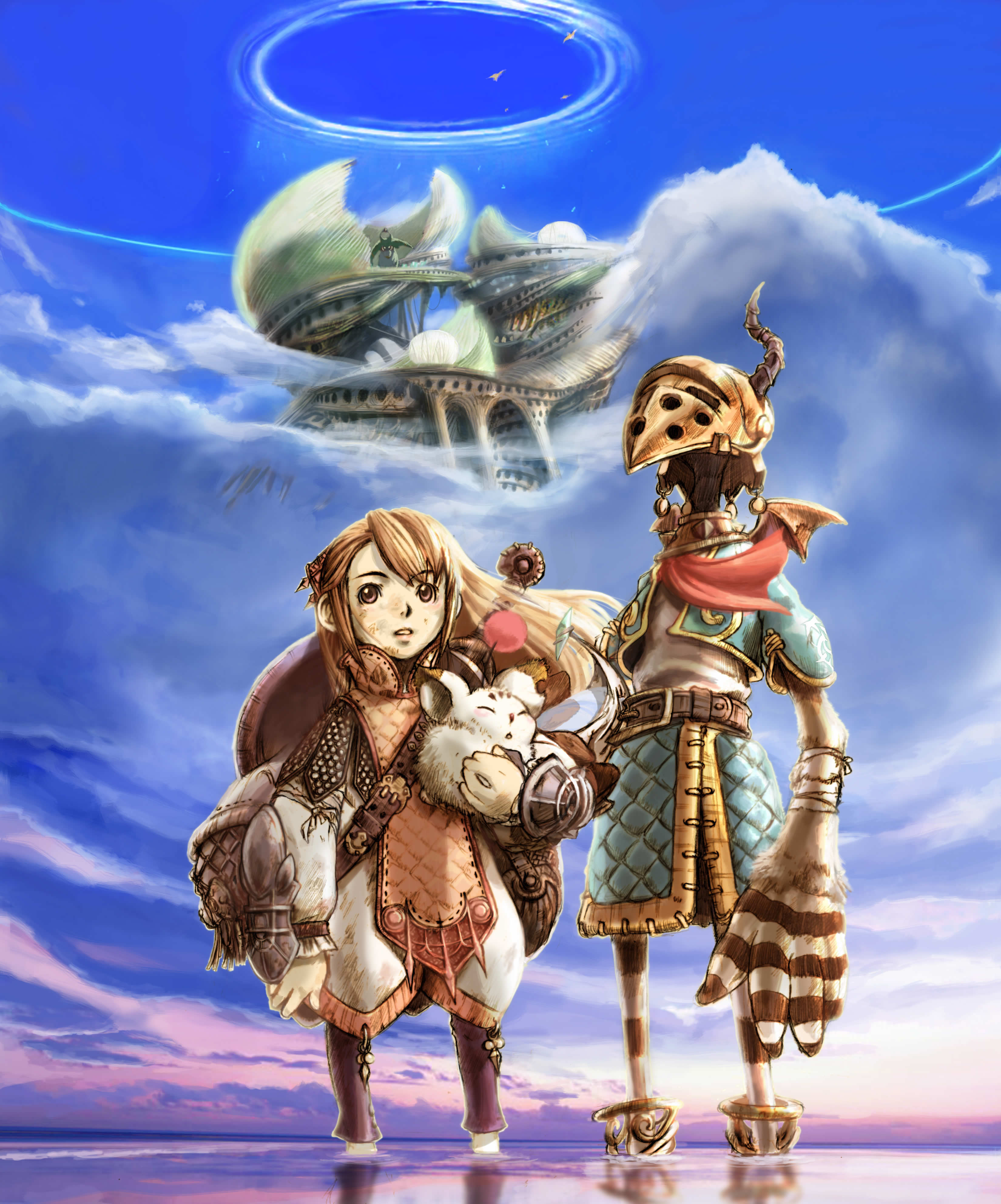clavat, moogle, yuke, final fantasy, final fantasy crystal chronicles, absurdres, highres, official art, 1boy, 1girl, aircraft, airship, androgynous, flying, long hair clavat, one horn yuke, outdoors, sky