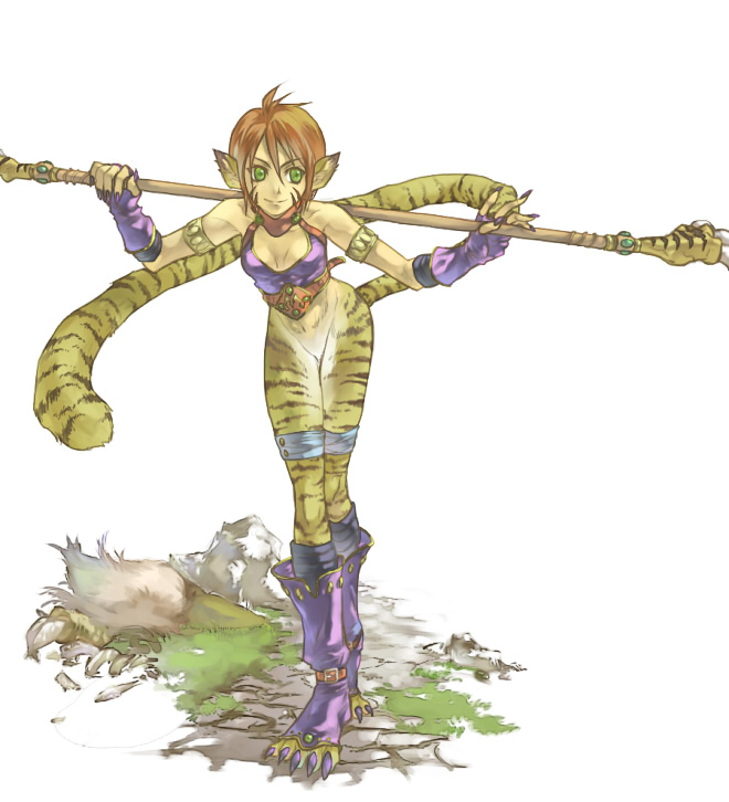 ryuu (mat hin), ryuu (pixiv345842), katt (breath of fire), breath of fire, breath of fire ii, capcom, bad id, bad pixiv id, 1girl, animal ears, boots, cat ears, cat tail, female focus, green eyes, knee boots, red hair, short hair, solo, staff, tail