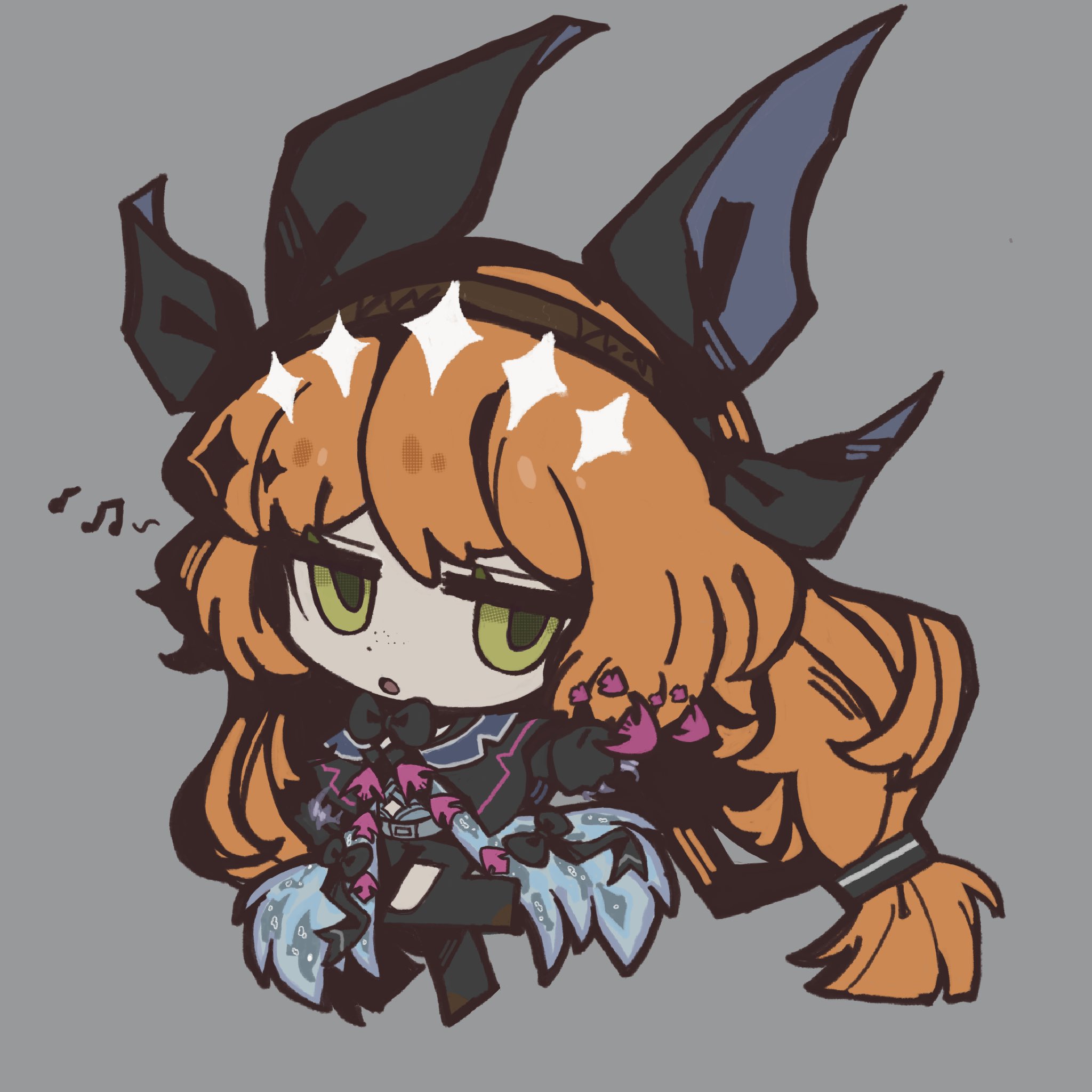 applepie13561, ishmael (project moon), arknights, limbus company, project moon, highres, 1girl, :o, black bow, black bowtie, black capelet, black gloves, black pants, bow, bowtie, brown hairband, capelet, chibi, clothing cutout, freckles, full body, gloves, green eyes, grey background, hairband, long hair, looking at viewer, low-tied long hair, multiple hair ribbons, off-shoulder capelet, orange hair, pants, simple background, solo, standing, thigh cutout, tidal elegy (e.g.o)