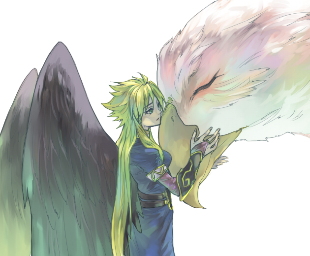ryuu (mat hin), ryuu (pixiv345842), mina (breath of fire), nina (breath of fire ii), breath of fire, breath of fire ii, bad id, bad pixiv id, 1girl, angel wings, bird, black wings, blonde hair, long hair, wings