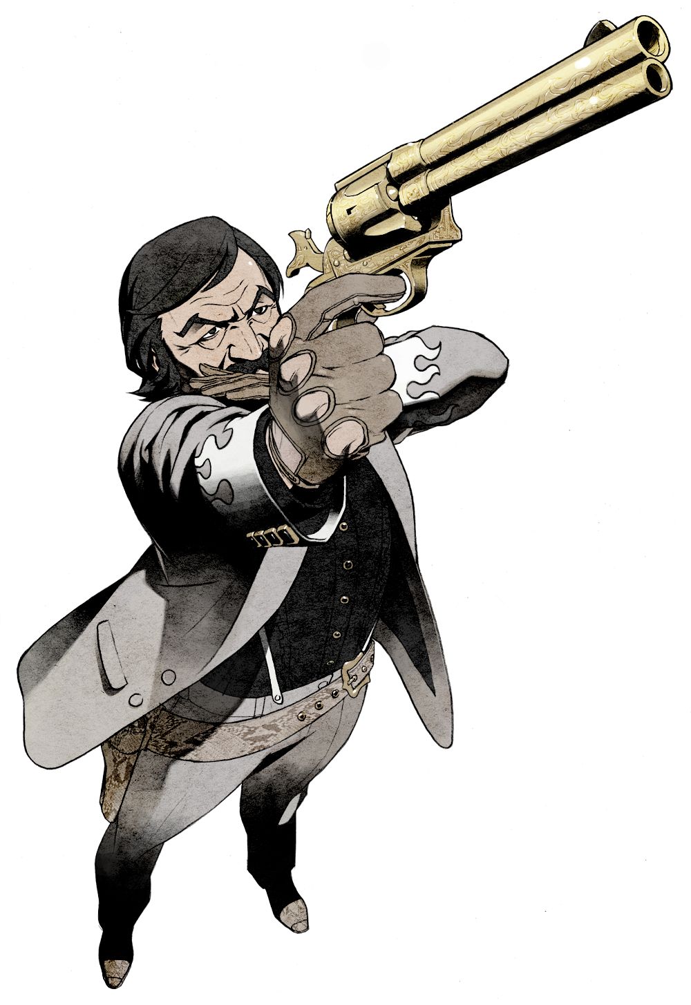 kozaki yuusuke, dr. peace, grasshopper manufacture, no more heroes, highres, official art, 1boy, facial hair, gloves, gun, handgun, male focus, mustache, revolver, solo, weapon