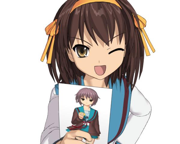 hokusen, nagato yuki, suzumiya haruhi, suzumiya haruhi no yuuutsu, duplicate, jpeg artifacts, 00s, 1girl, 3d, brown eyes, brown hair, female focus, one eye closed, photo (object), school uniform, serafuku, short hair, simple background, solo, upper body, white background, wink