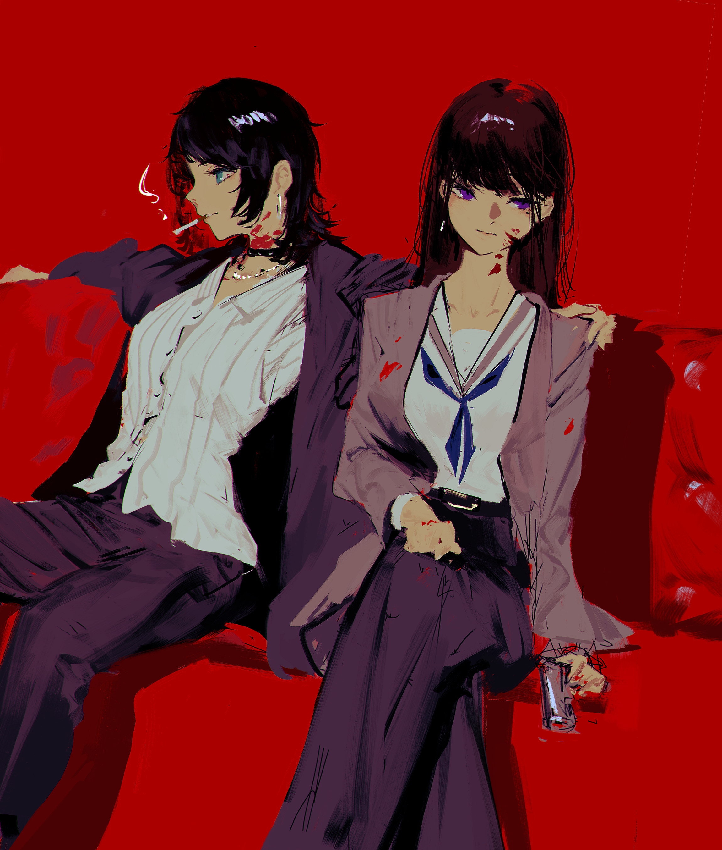 lemtun, shiina taki, yahata umiri, bang dream!, bang dream! it's mygo!!!!!, absurdres, chinese commentary, commentary request, highres, 2girls, black choker, black jacket, black pants, blood, blood on face, blue eyes, blue neckerchief, choker, cigarette, grey jacket, gun, hand on another's shoulder, holding, holding gun, holding weapon, jacket, long hair, mole, mole under eye, multiple girls, neckerchief, open clothes, open jacket, pants, purple eyes, red background, sailor collar, sailor shirt, shirt, sitting, weapon