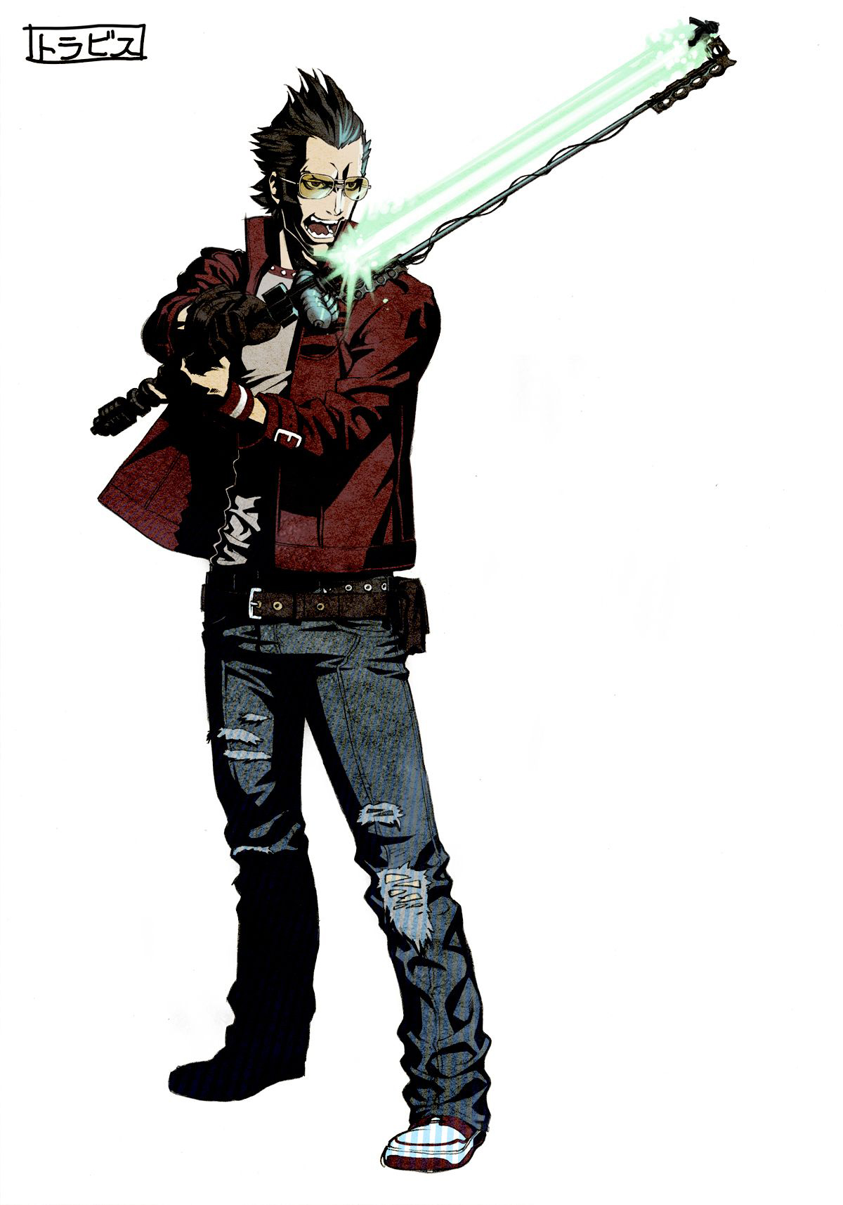 kozaki yuusuke, travis touchdown, grasshopper manufacture, no more heroes, highres, official art, 1boy, energy sword, lightsaber, male focus, solo, sunglasses, sword, weapon