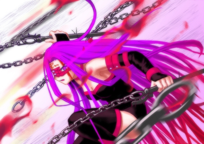 medusa (fate), medusa (rider) (fate), fate/stay night, fate (series), 00s, 1girl, blood, boots, dress, female focus, long hair, purple eyes, purple hair, solo, square pupils, strapless, strapless dress, thigh boots, thighhighs, very long hair, weapon