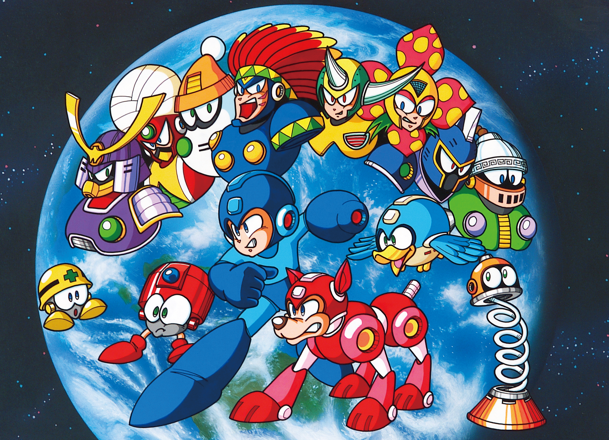 beat (mega man), blizzard man, centaur man, eddie (mega man), flame man, knight man, mega man (character), met (mega man), plant man, rush (mega man), tomahawk man, wind man, yamato man, capcom, mega man (classic), mega man (series), mega man 6, highres, official art, :o, arm cannon, armor, bird, blue eyes, clenched teeth, cross, dog, earth (planet), everyone, facial mark, fake horns, flower, flying, frown, gem, green eyes, hat, headdress, helmet, horned helmet, horns, japanese armor, native american headdress, no humans, non-humanoid robot, open mouth, planet, red cross, red eyes, robot, robot animal, robot dog, sky, smirk, space, spring (object), star (sky), starry sky, teeth, turban, weapon