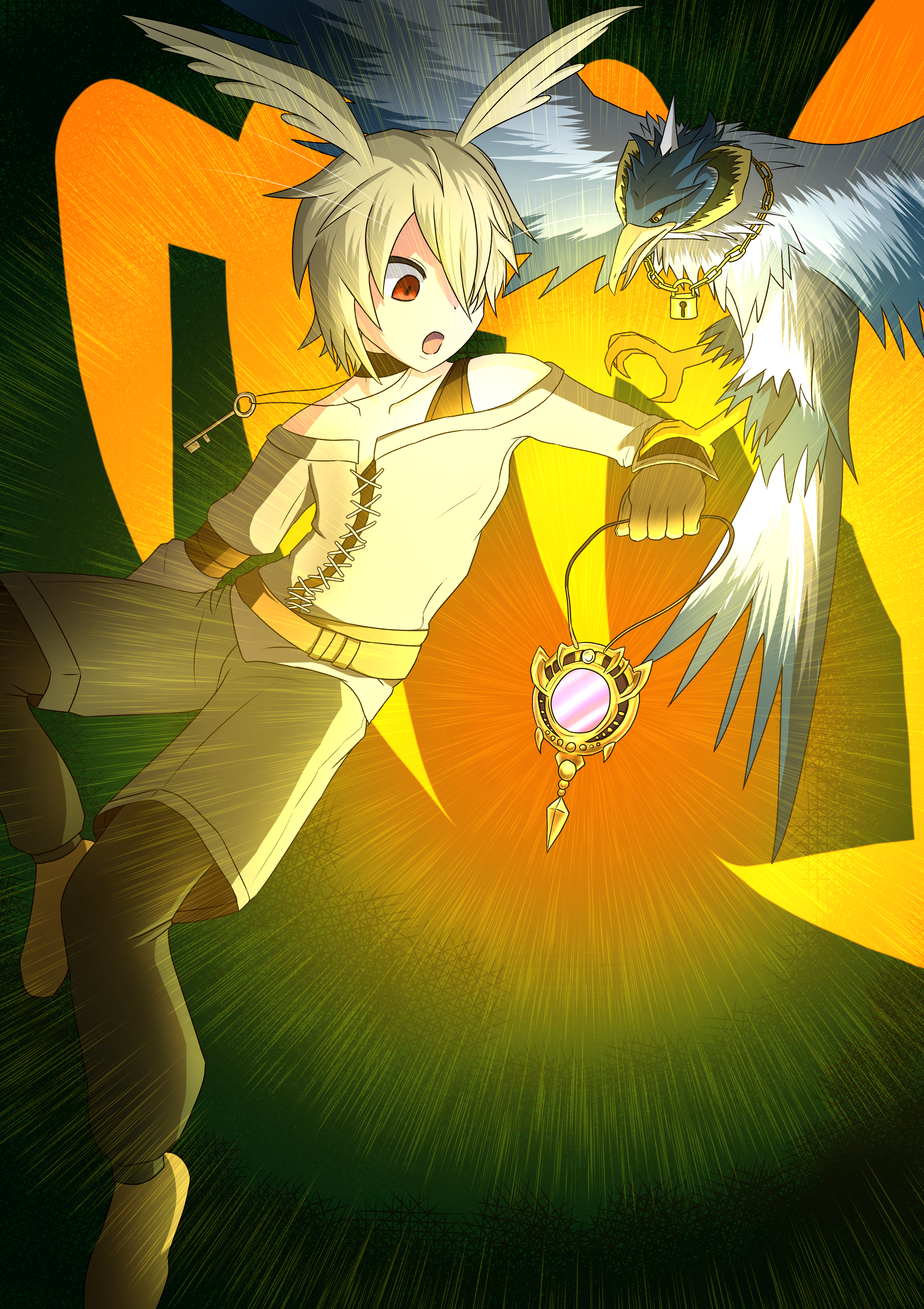 yu-gi-oh!, absurdres, highres, 1girl, :o, androgynous, animal ears, bare shoulders, barefoot, bird, black leggings, blonde hair, bra, brown bra, brown choker, brown shirt, brown shorts, brown sports bra, chain, chain necklace, choker, clenched hands, droll&lock bird, duel monster, falconry, falconry glove, glowing, gold chain, green background, hair over one eye, holding, holding jewelry, holding mirror, holding necklace, jewelry, key, key necklace, lace, lace-trimmed shirt, lace trim, landing, leggings, light particles, lock, locket, mirror, necklace, off-shoulder shirt, off shoulder, open mouth, outstretched arm, owl woods blues, pendant, rabbit ears, red eyes, shirt, shorts, sports bra, spread wings, two-tone background, underwear