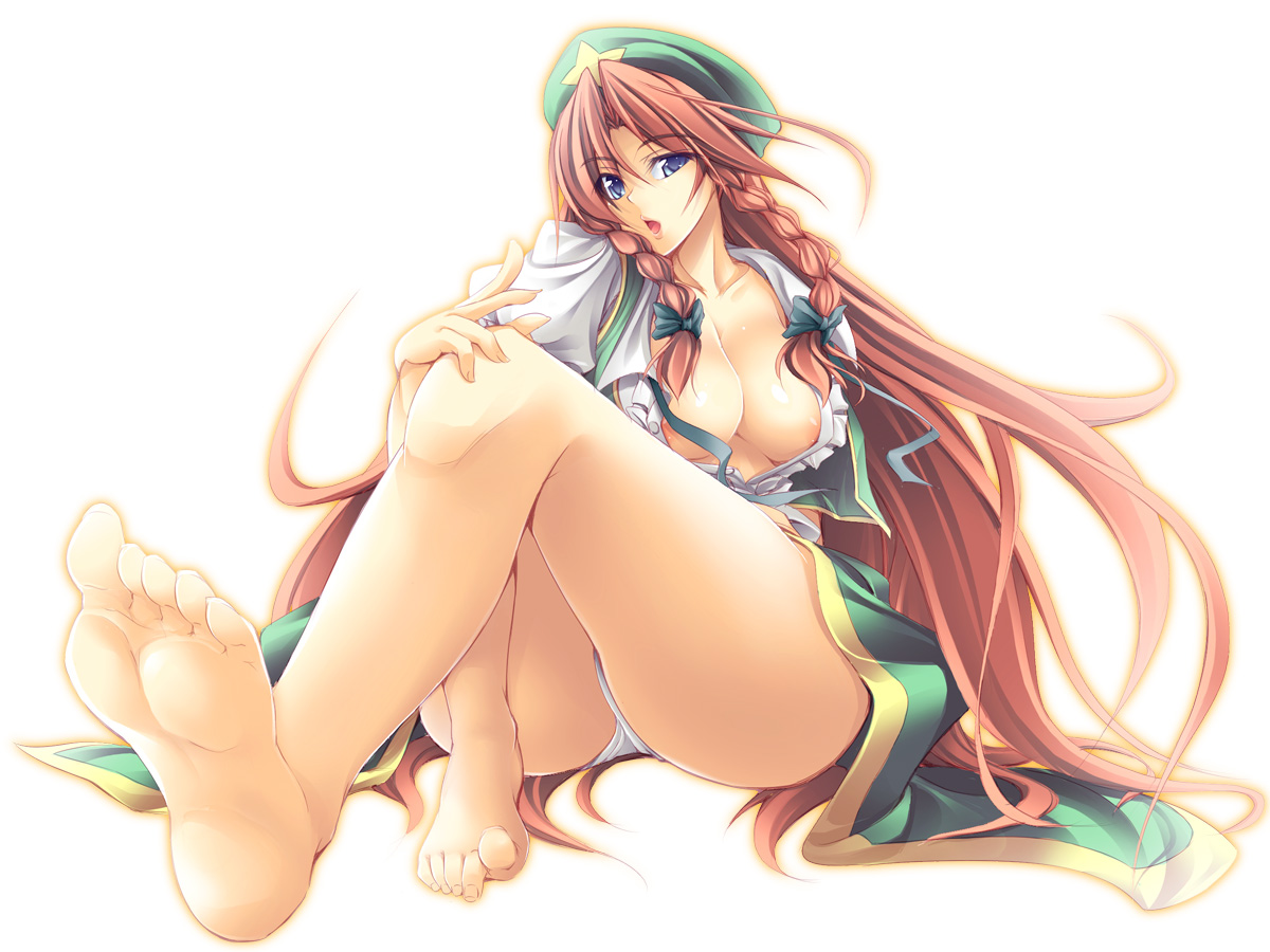 fuyuwa kotatsu, hong meiling, embodiment of scarlet devil, touhou, toe-point, 1girl, barefoot, blue eyes, braid, breasts, cleavage, feet, female focus, foot focus, foreshortening, hat, legs, long hair, long toenails, open clothes, open mouth, open shirt, panties, red hair, shirt, sitting, soles, solo, toenails, toes, underwear, white panties