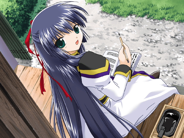 karasuma chitose, galaxy angel, non-web source, 00s, 1girl, book, calligraphy, calligraphy brush, female focus, green eyes, half updo, ink, long hair, looking back, military, military uniform, paintbrush, sitting, solo