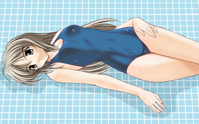 non-web source, brown hair, long hair, lying, on back, one-piece swimsuit, school swimsuit, solo, swimsuit, wet, yellow eyes