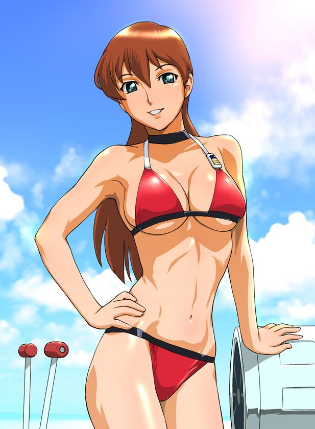 ueyama michirou, riimu stream, tp bon, clip, 1960s (style), abs, bikini, blue eyes, breasts, brown hair, choker, cleavage, cloud, day, large breasts, long hair, oldschool, red bikini, retro artstyle, sky, smile, solo, swimsuit, underboob