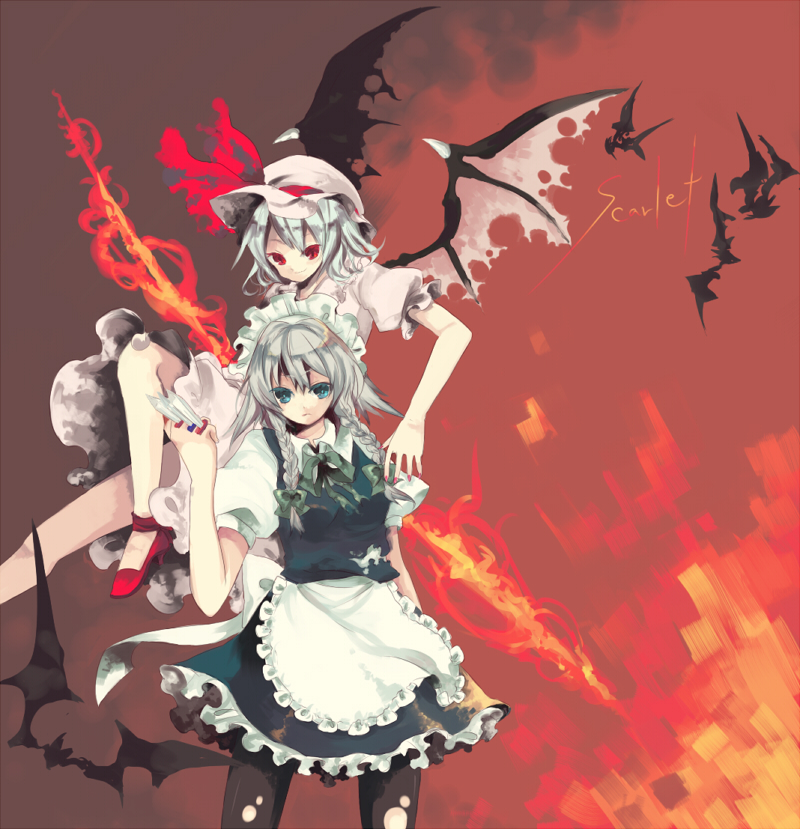 shiina aya, izayoi sakuya, remilia scarlet, touhou, silver hair, torn legwear, 2girls, bat wings, blue hair, bow, braid, female focus, frilled shirt, frilled shirt collar, frilled sleeves, frills, hat, hat ribbon, maid, maid headdress, mob cap, multiple girls, pantyhose, puffy short sleeves, puffy sleeves, red eyes, ribbon, shirt, short hair, short sleeves, spear the gungnir, torn clothes, twin braids, wings