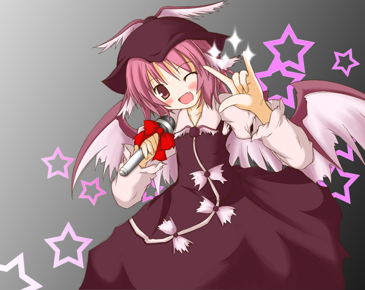 gorujitai, mystia lorelei, macross, macross frontier, touhou, 1girl, m/, animal ears, brown eyes, fang, female focus, gradient background, grey background, hat, microphone, one eye closed, parody, pink hair, ribbon, seikan hikou, solo, standing, star (symbol), wings, wink